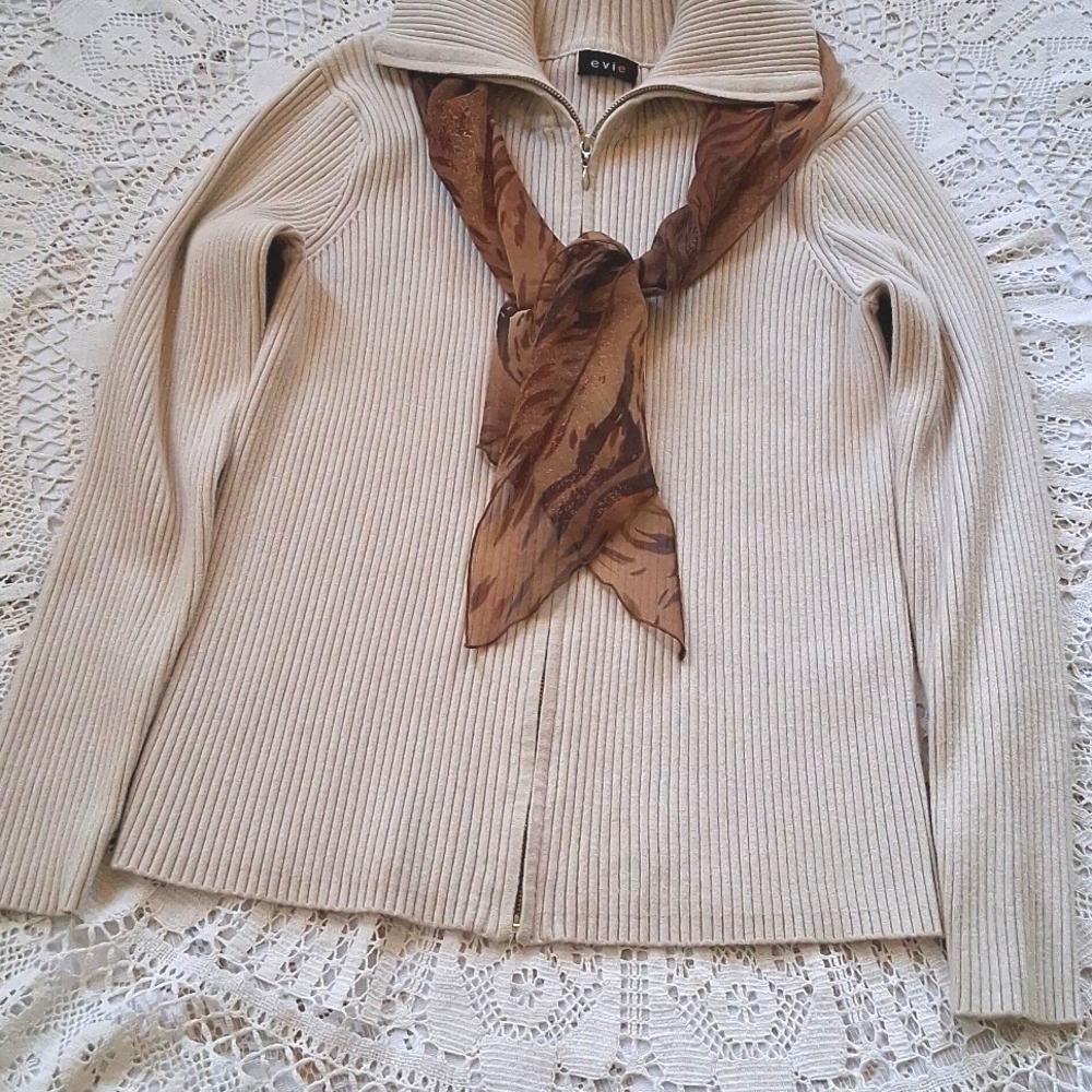 Evie Beige Ribbed Zip-Up Long Sleeve  Sweater & Scarf Bundle
